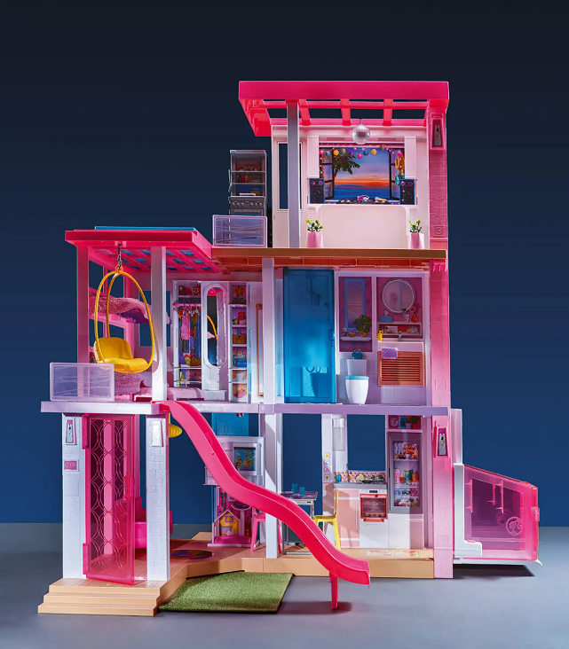 Barbie's 2021 house,  Three hot pink floors with a slide and elevator