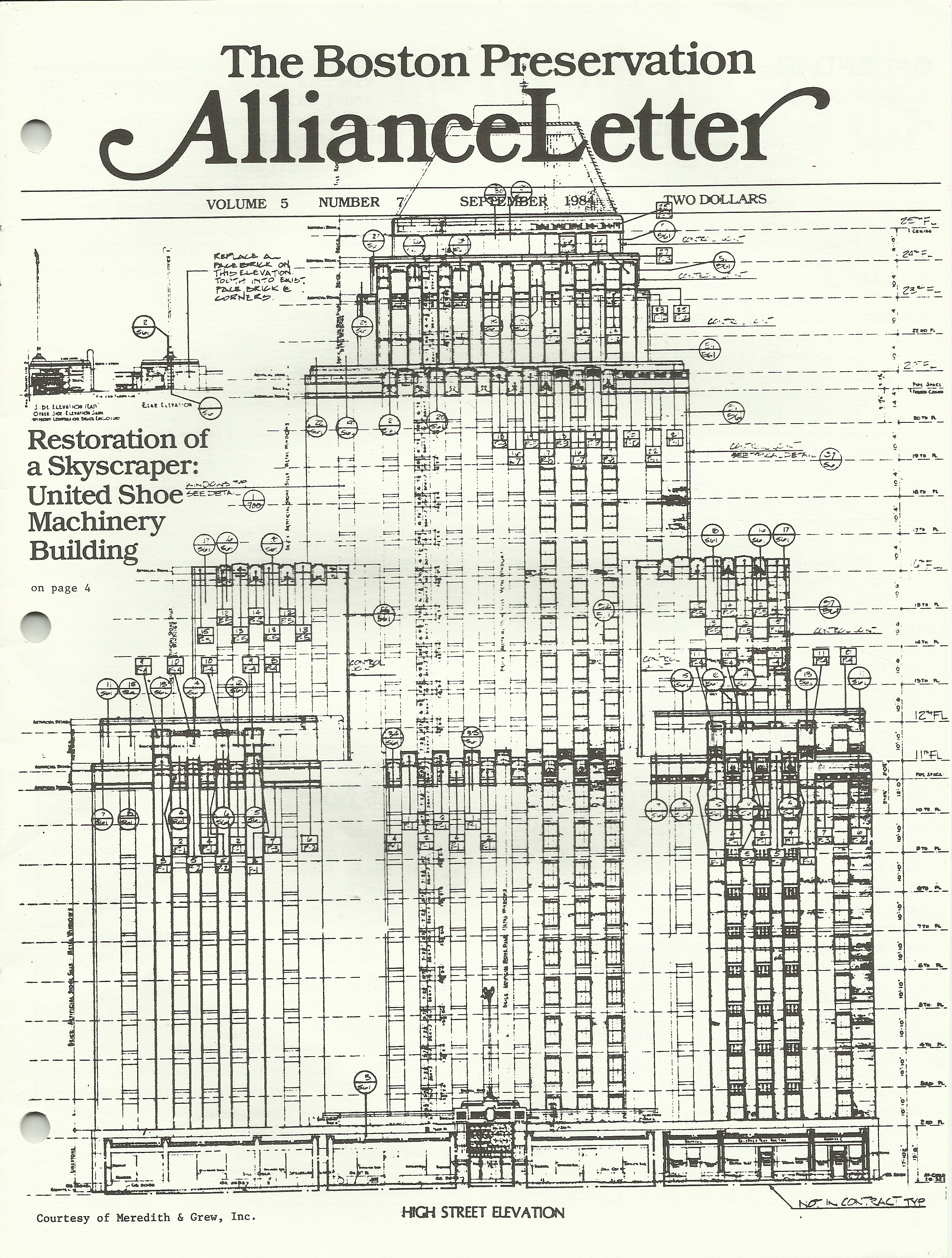 An image of an early Alliance newsletter featuring plans for the United Shoe Machinery Building.