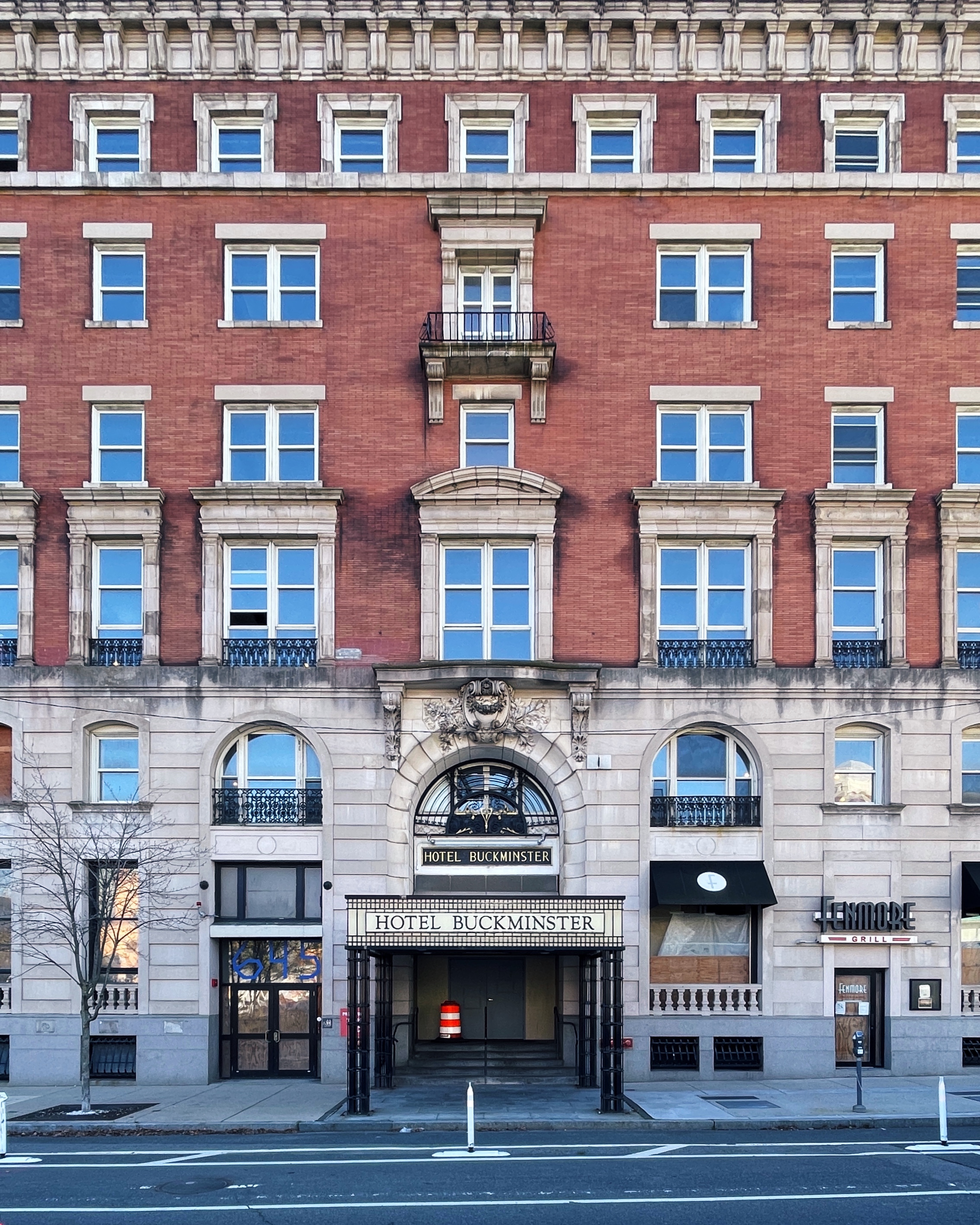 Facade of the historic Buckminster Hotel as seen in 2022.