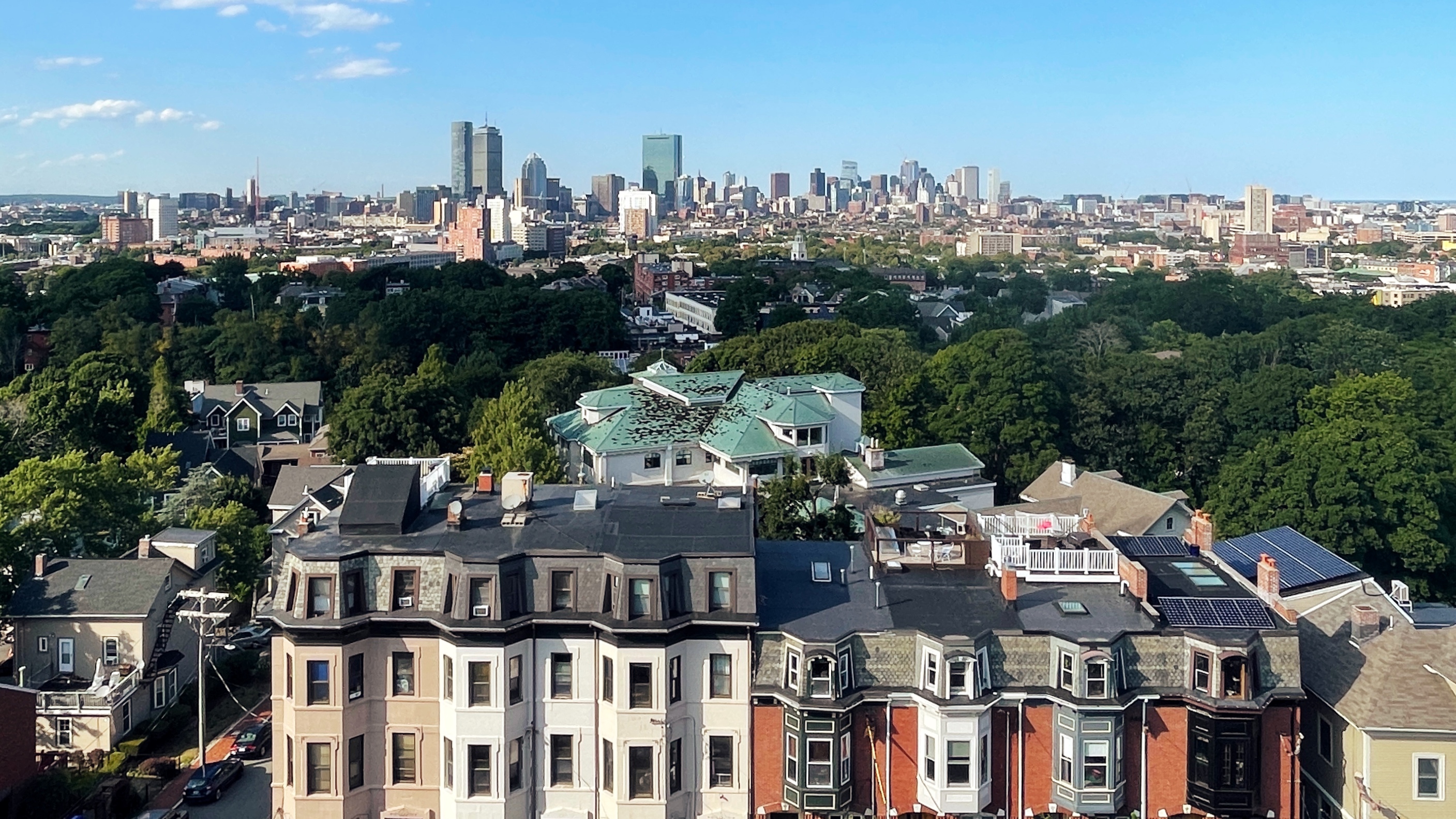 Skyline view of downtown Boston from the top of Fort Hill