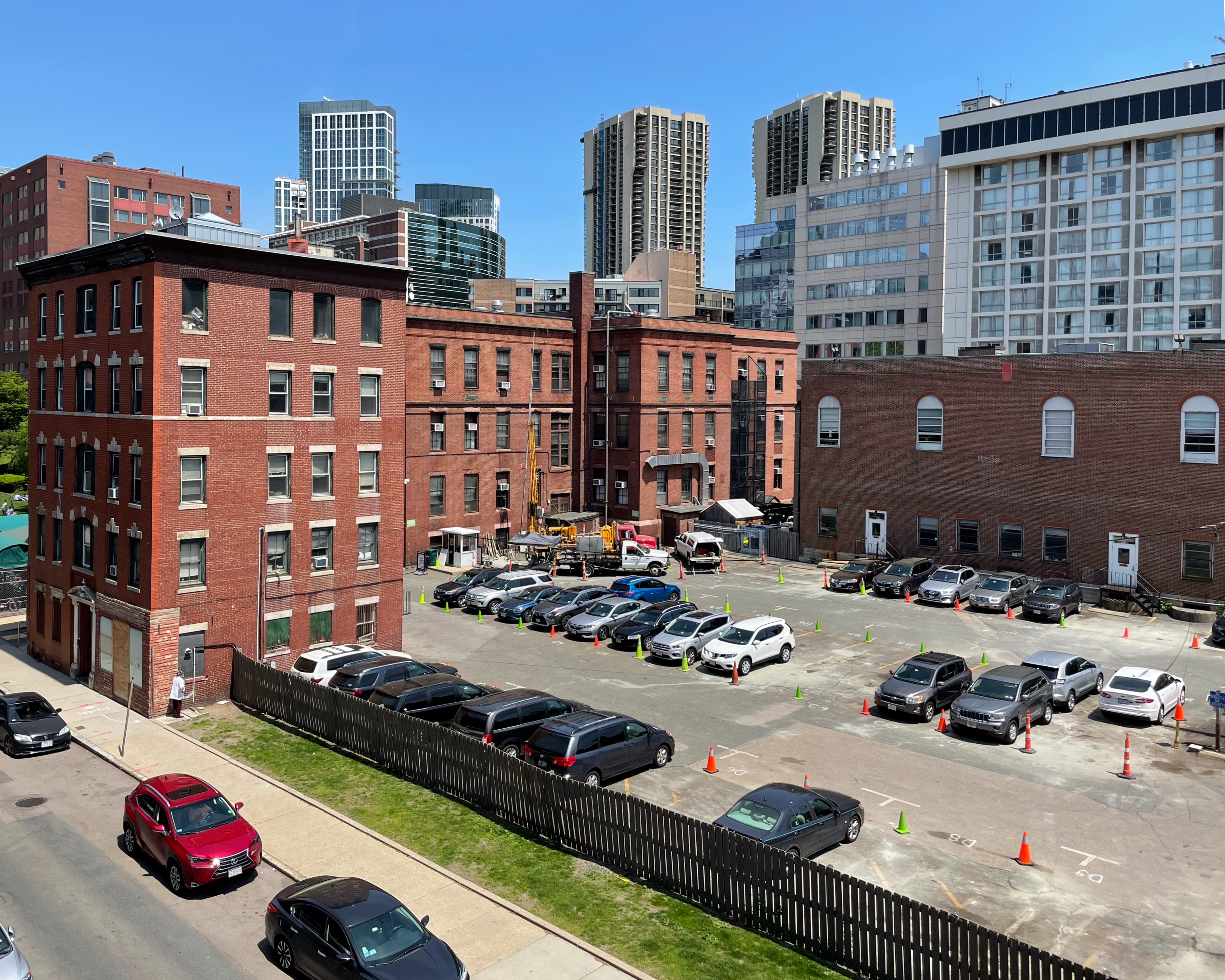 Three historic brick buildings.