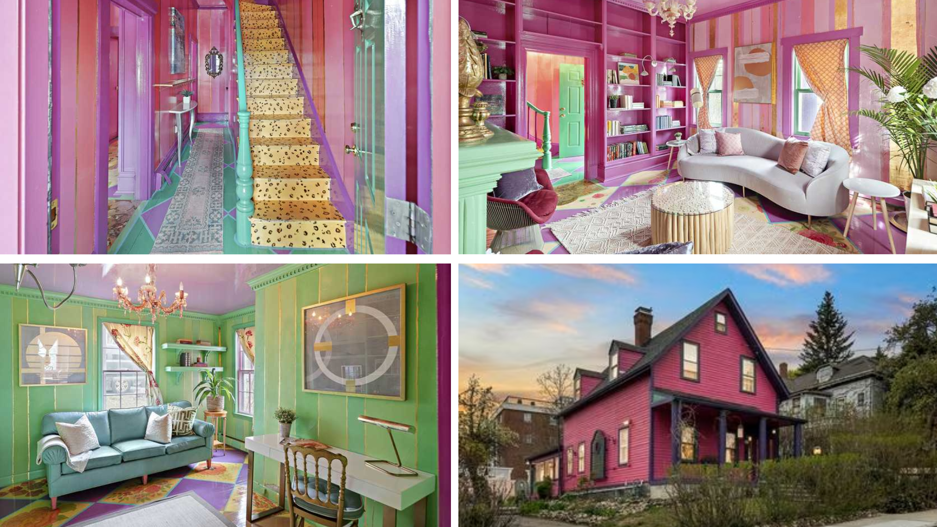 four images showing the multicolored and heavily decorated interior and pink exterior. 