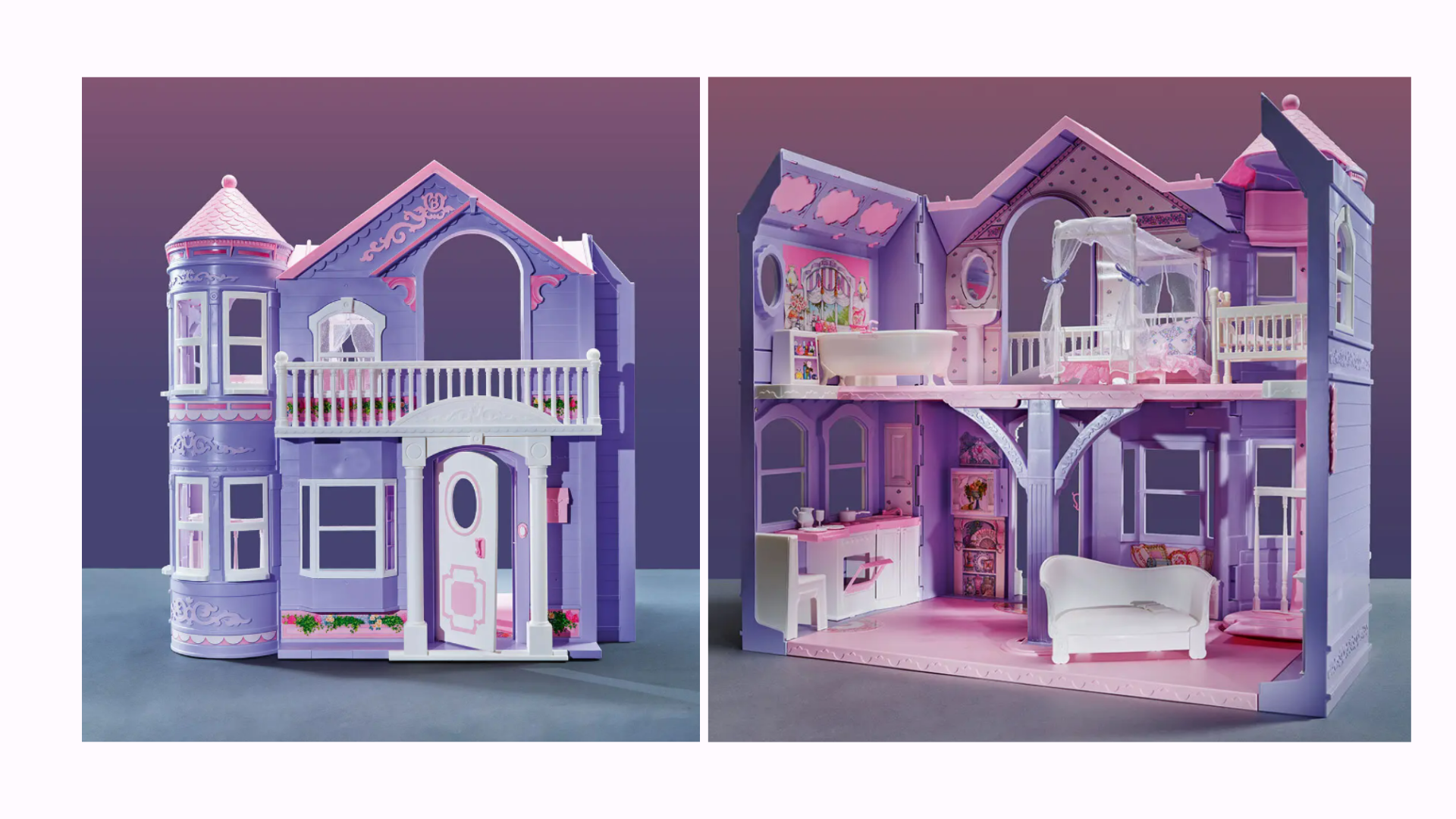 interior and exterior of a pink and purple Victorian-styled doll house