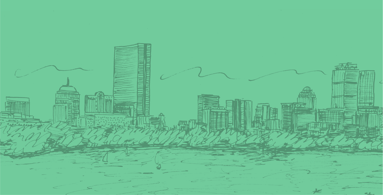 Illustration of Boston Skyline as seen from the Longfellow Bridge.