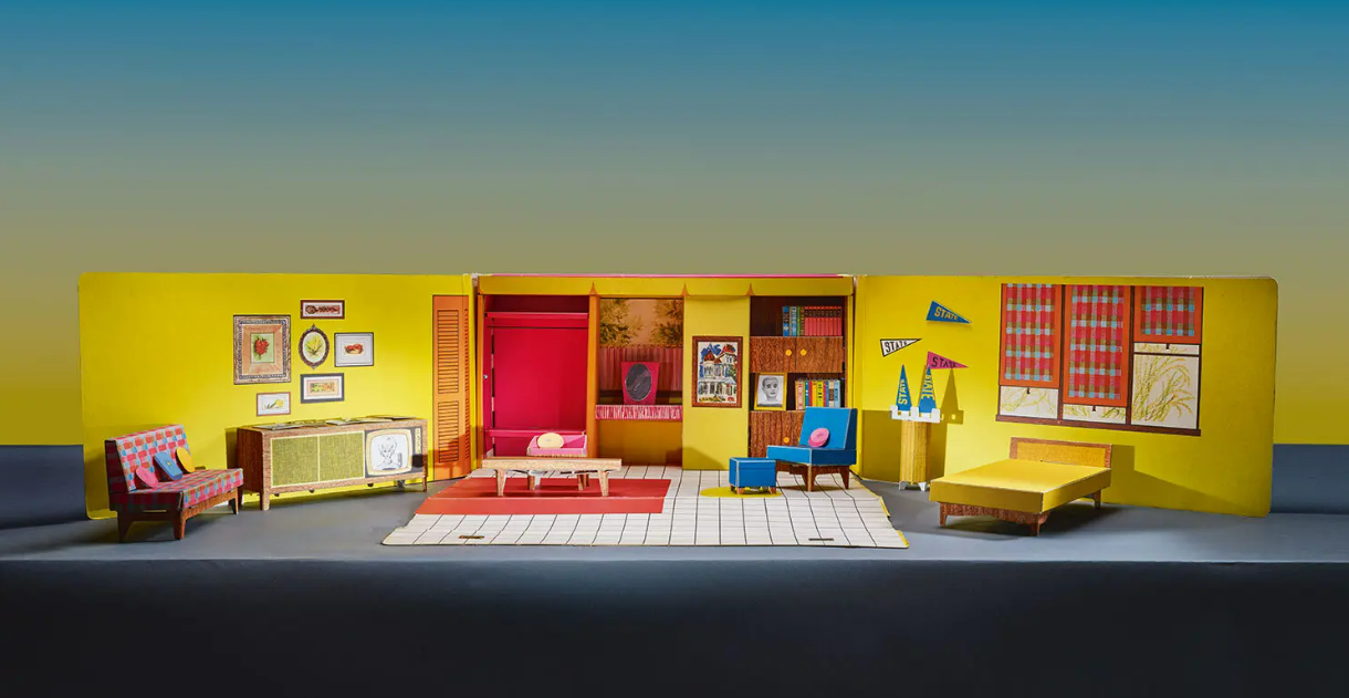 Barbie's yellow interior walls are unfolded, showing the many decorations and items that make up the bachelorette pad of a liberated woman