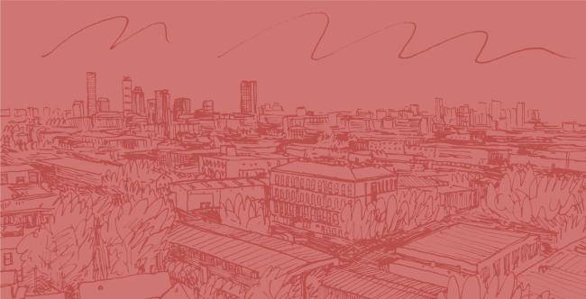 Illustration of Boston's skyline in red